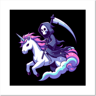 Grim Reaper Death Riding Rainbow Unicorn Posters and Art